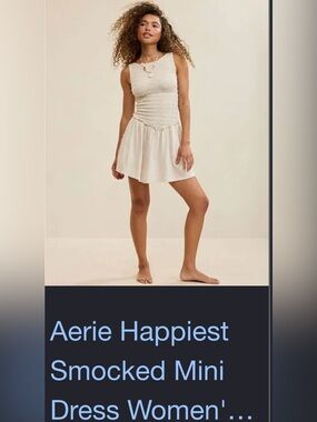 Aerie Happiest Smocked Sleeveless Mini Dress in Light Cream